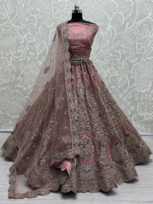 Lovely Dusty Pink Sequins Net Bridesmaid Lehenga Choli With Dupatta
