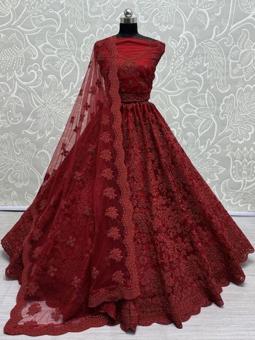 Stunning Red Embroidered Net Bridal Lehenga Choli With Dupatta