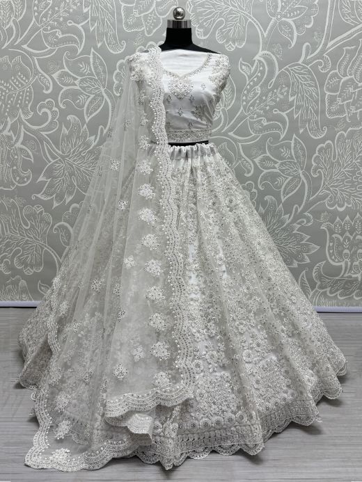 Gorgeous White Embroidered Net Reception Wear Lehenga Choli