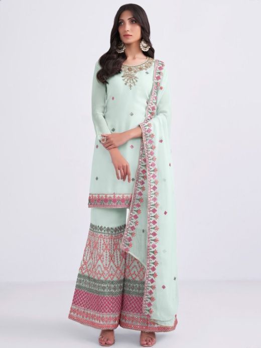 Capricious Sky Blue Thread Embroidery Georgette Sharara Suit