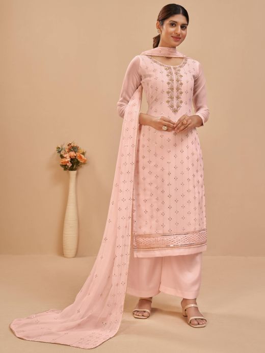 Stunning Peach Pearl Work Georgette Festive Wear Salwar Kameez
