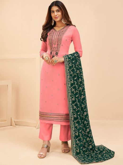 Awsome Gajri Pink Georgette Thread Embroidery Party Wear Salwar Suit