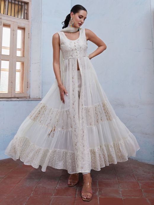 Lovely White Sequins Georgette Traditional Front Slit Cut Kurti With Pant
