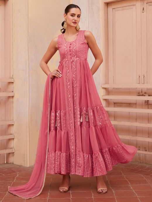 Incredible Pink Embroidered Georgette Designer Kurti With Pant