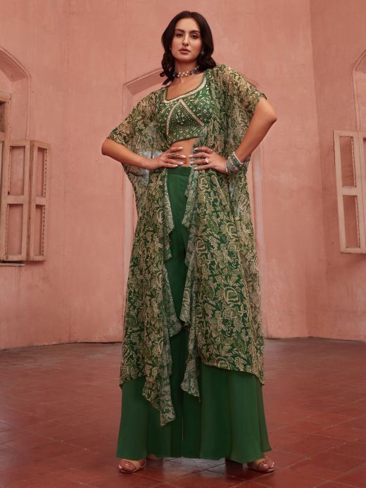 Lovely Green Embroidered Georgette Crop Top Palazzo With Strug