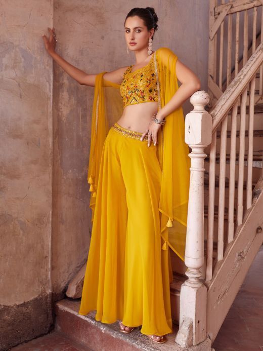 Stunning Yellow Embroidered Georgette Crop Top Palazzo With Strug