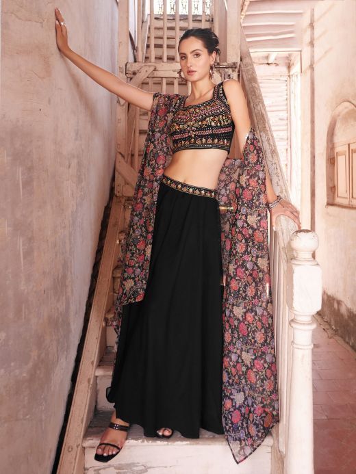 Pretty Black Embroidered Georgette Crop Top Palazzo With Strug