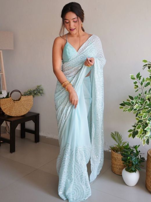 Marvelous Aqua Blue Sequined Georgette Party Wear Saree With Blouse
