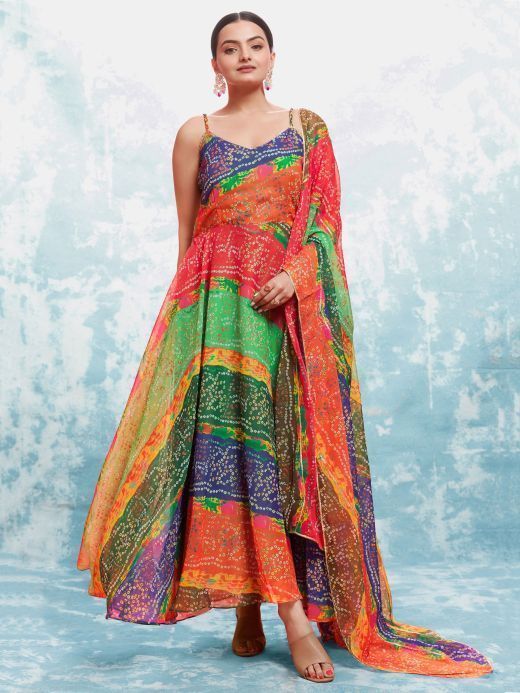Dazzling Multi-Color Bandhani Printed Georgette Gown With Dupatta