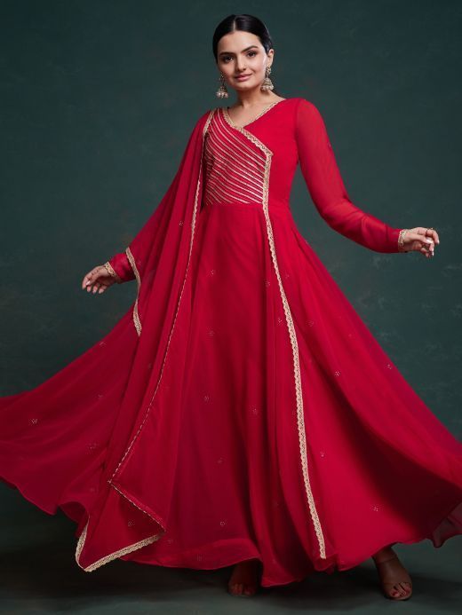 Gorgeous Red Lace Work Georgette Function Wear Gown With Dupatta