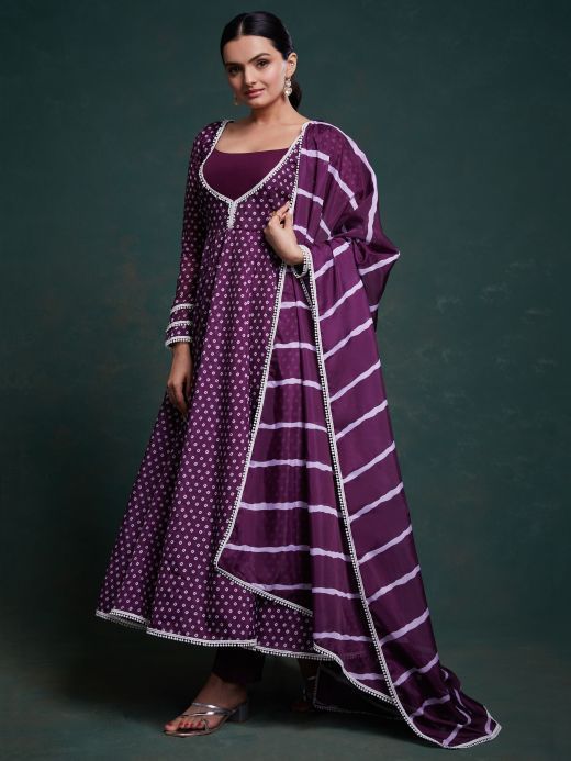 Beautiful Purple Printed Organza Event Wear Salwar Suit With Dupatta