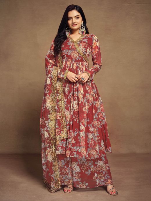Precious Red Floral Printed Chiffon Function Wear Palazzo Suit