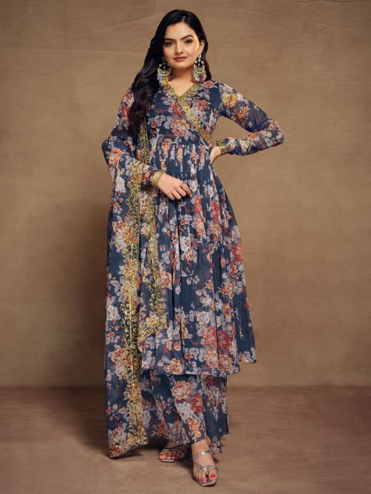Attractive Blue Floral Printed Chiffon Festival Wear Palazzo Suit