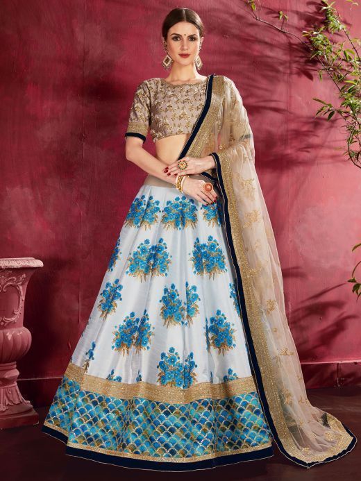 Blue Floral Print Banglori  Silk Bridal Lehenga With Beige Choli And Dupatta 