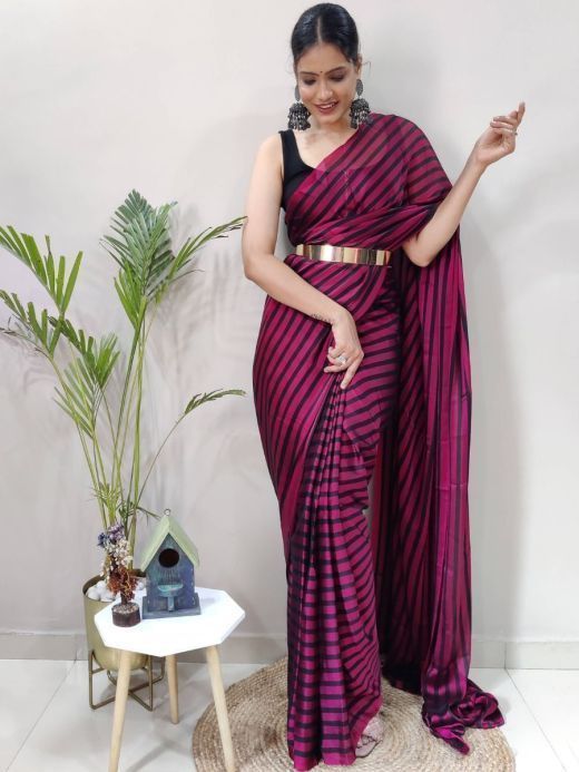Captivating Magenta-Black Striped Rangoli Silk Party Wear Saree Blouse With Belt