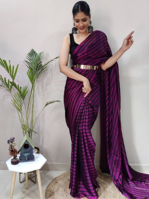 Engaging Purple-Black Striped Silk Ready-to-wear Saree Blouse With Belt
