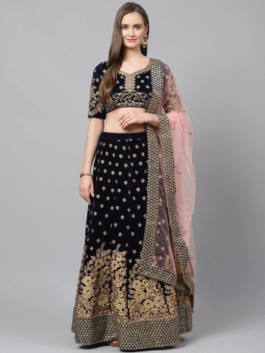 Navy Blue & Pink Embroidered Semi-Stitched Myntra Wedding Lehenga & Unstitched Blouse with Dupatta