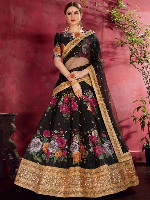 Black Floral Printed Banglori Silk Bridal Lehenga Choli With Dupatta 