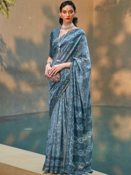 Pretty French Blue Printed Cotton Contemporary Saree With Blouse