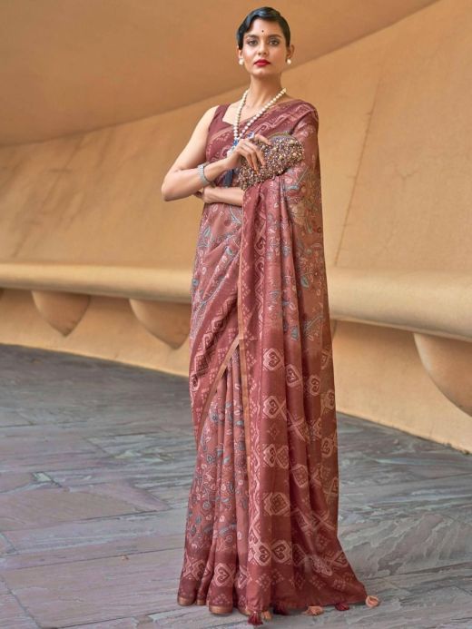 Stupendous Brick Brown Printed Cotton Contemporary Saree With Blouse