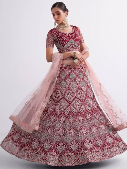 Attractive Cherry Red Fancy Embroidered Net Bridal Wear Lehenga Choli