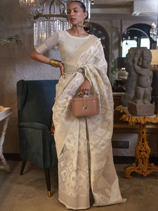 Wonderful Off-White Woven Linen Festival Wear Saree With Blouse