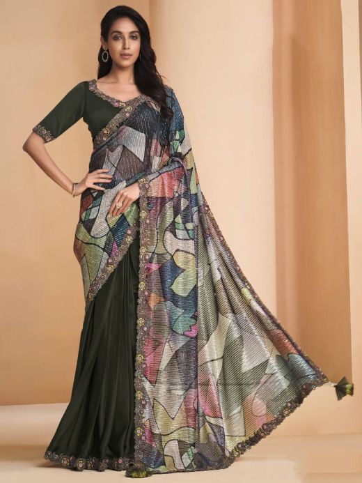 Astounding Dark Green Sequined Crepe Satin Party Wear Saree With Blouse