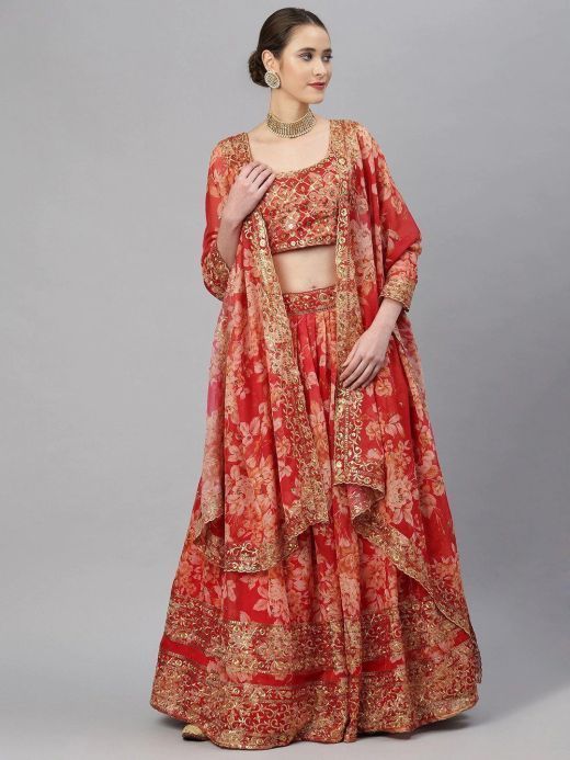 Red & Gold-Toned Embellished Sequinned Semi-Stitched Myntra Lehenga & Unstitched Blouse