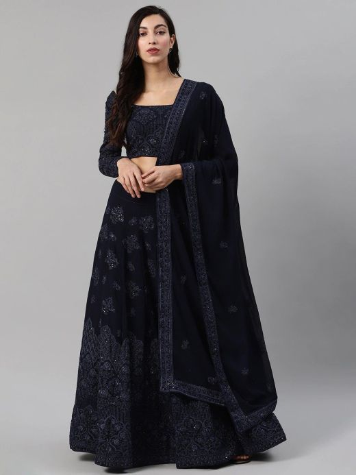 Navy Blue Embroidered Semi-Stitched Myntra Lehenga & Blouse with Dupatta