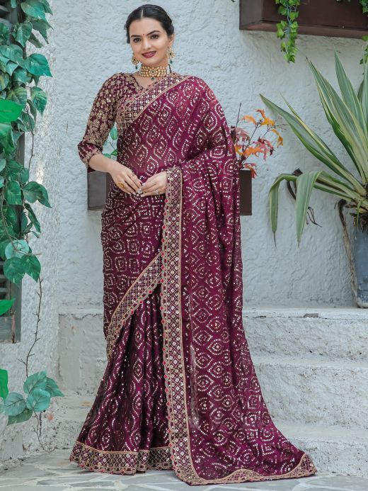 Stunning Wine Sequins Georgette Function Wear Saree With Blouse