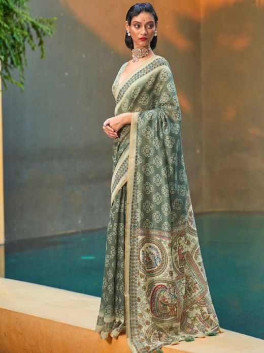 Dazzling Fern Green Floral Printed Cotton Classy Saree With Blouse