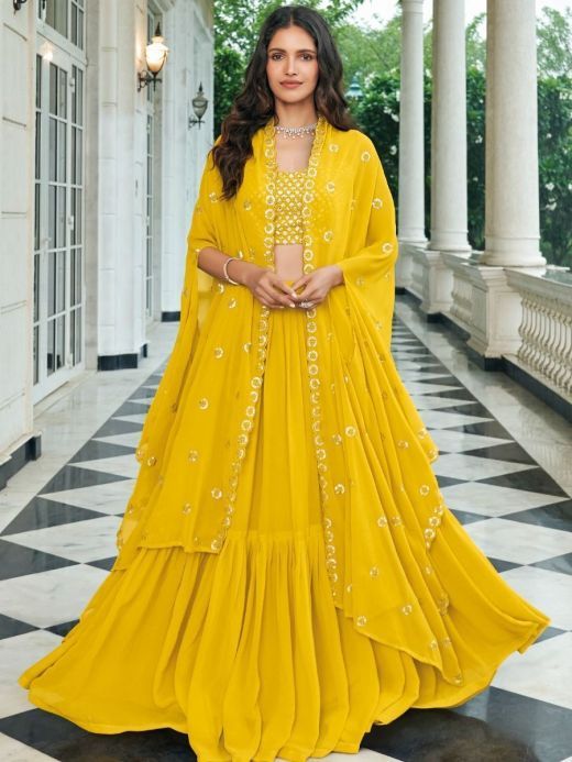 Opulent Yellow Sequined Georgette Party Wear Lehenga Choli with Shrug
