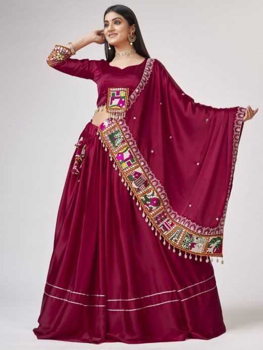 Amazing Maroon Gamthi Work Silk Navratri Wear Lehenga Choli 