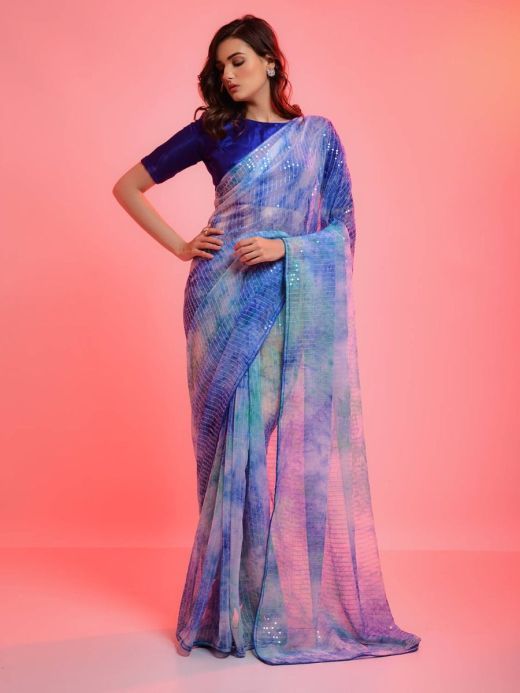 Awesome Blue Chiffon Sequins Work Night Party Wear Saree For Women 