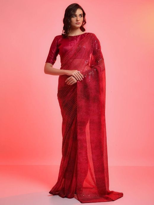 Adorable Red Chiffon Sequins Diwali Festival Wear Saree With Boat Neck Choli