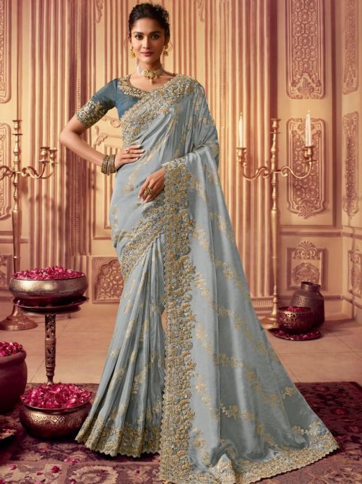 Alluring Grey Zari Embroidery Chinnon Party Wear Saree With Blouse