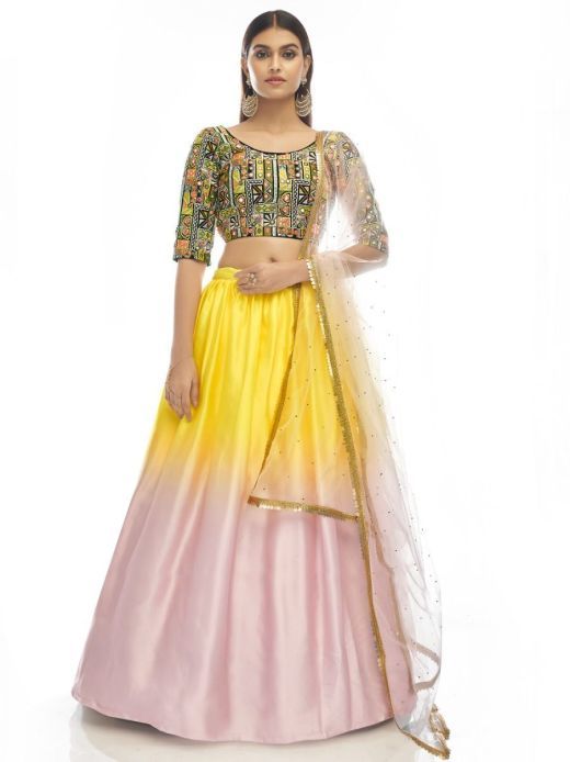 Shaded Pink And Yellow Georgette Lehenga With Embroidered Choli