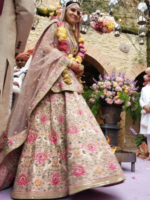 Anushka Sharma Peach Embroidered Taffeta Silk Bridal Wear Lehenga Choli 