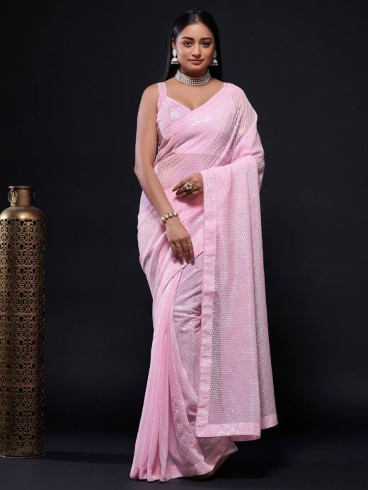 Outstanding Baby Pink Fully Sequined Georgette Party Wear Saree