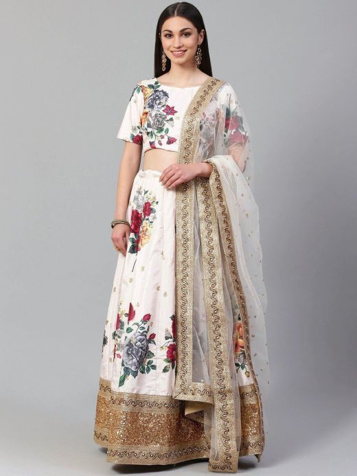Off-White & Red Printed Semi-Stitched Myntra Lehenga & Unstitched Blouse with Dupatta