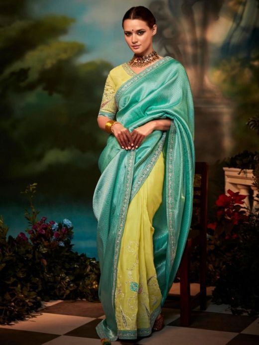 Desirable Blue-Yellow Zari Weaving Silk Saree With Blouse