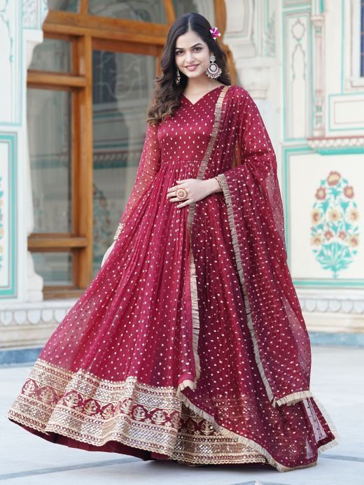 Stunning Maroon Embroidered Jacquard Wedding Gown With Dupatta