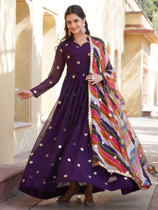 Stunning Purple Sequins Georgette Function Wear Gown With Dupatta