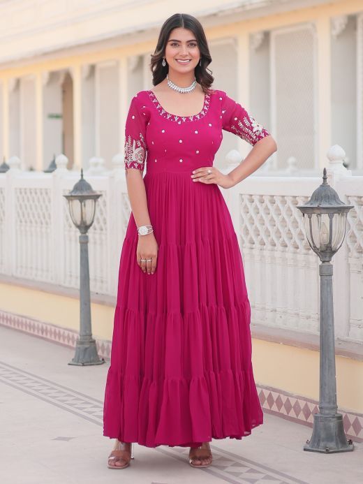 Charming Pink Embroidered Georgette Function Wear Gown