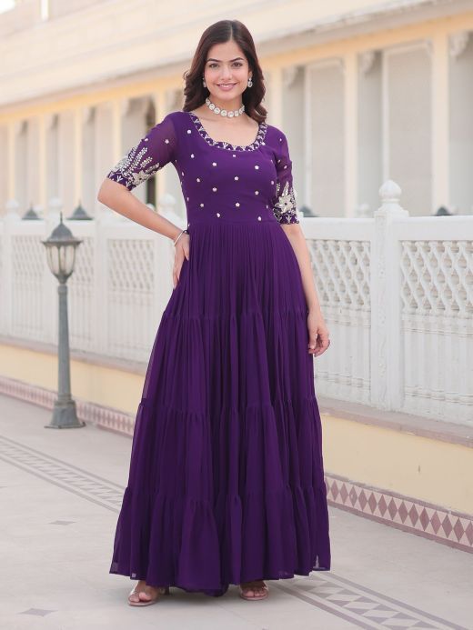 Fascinating Purple Embroidered Georgette Festival Wear Gown