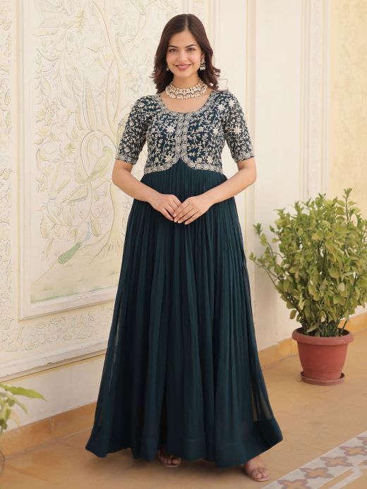 Adorable Teal Blue Embroidered Georgette Reception Wear Gown