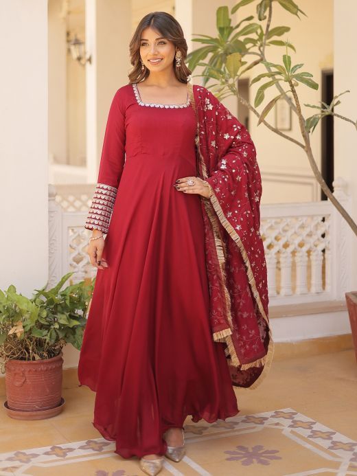 Outstanding Maroon Sequins Silk Festival Wear Gown With Dupatta