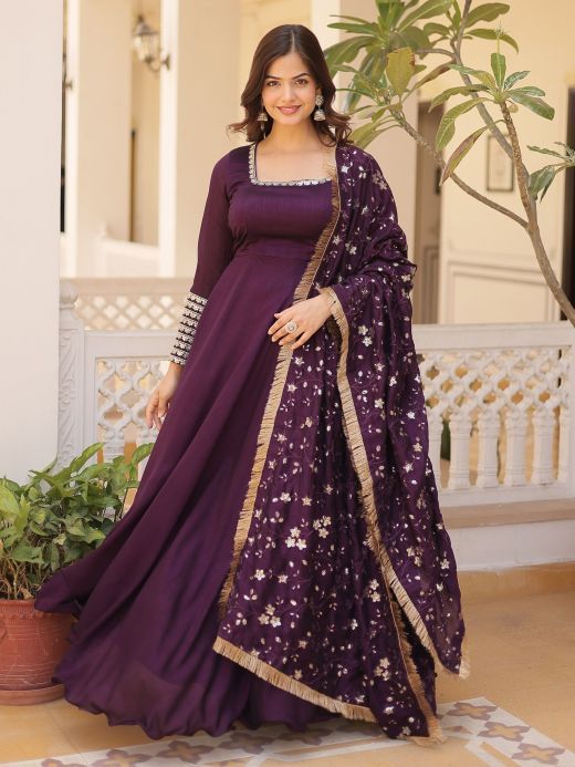 Marvelous Purple Sequins Silk Event Wear Gown With Dupatta