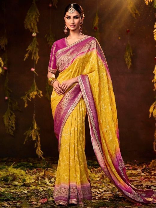 Prodigious Yellow Embroidered Silk Wedding Wear Saree With Blouse