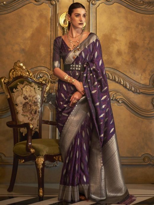 Pretty Purple Zari Weaving Silk Saree With Blouse